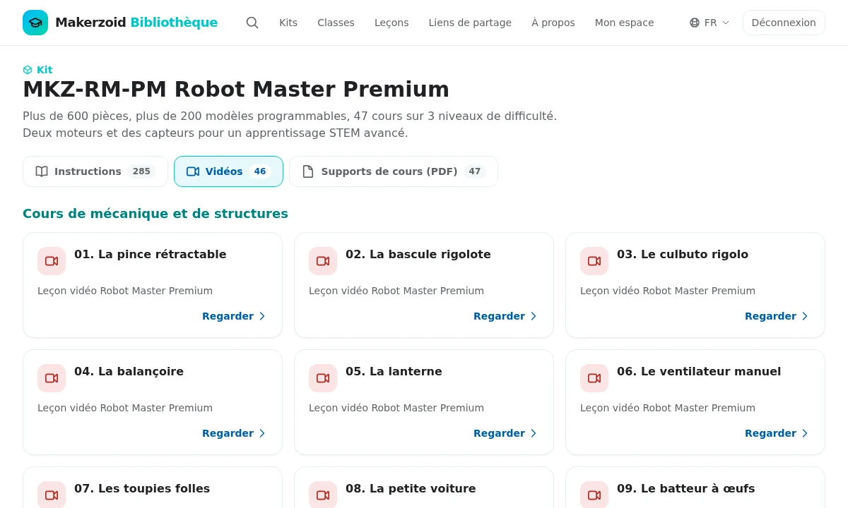 Page d’un kit avec des onglets : instructions, vidéos, PDF